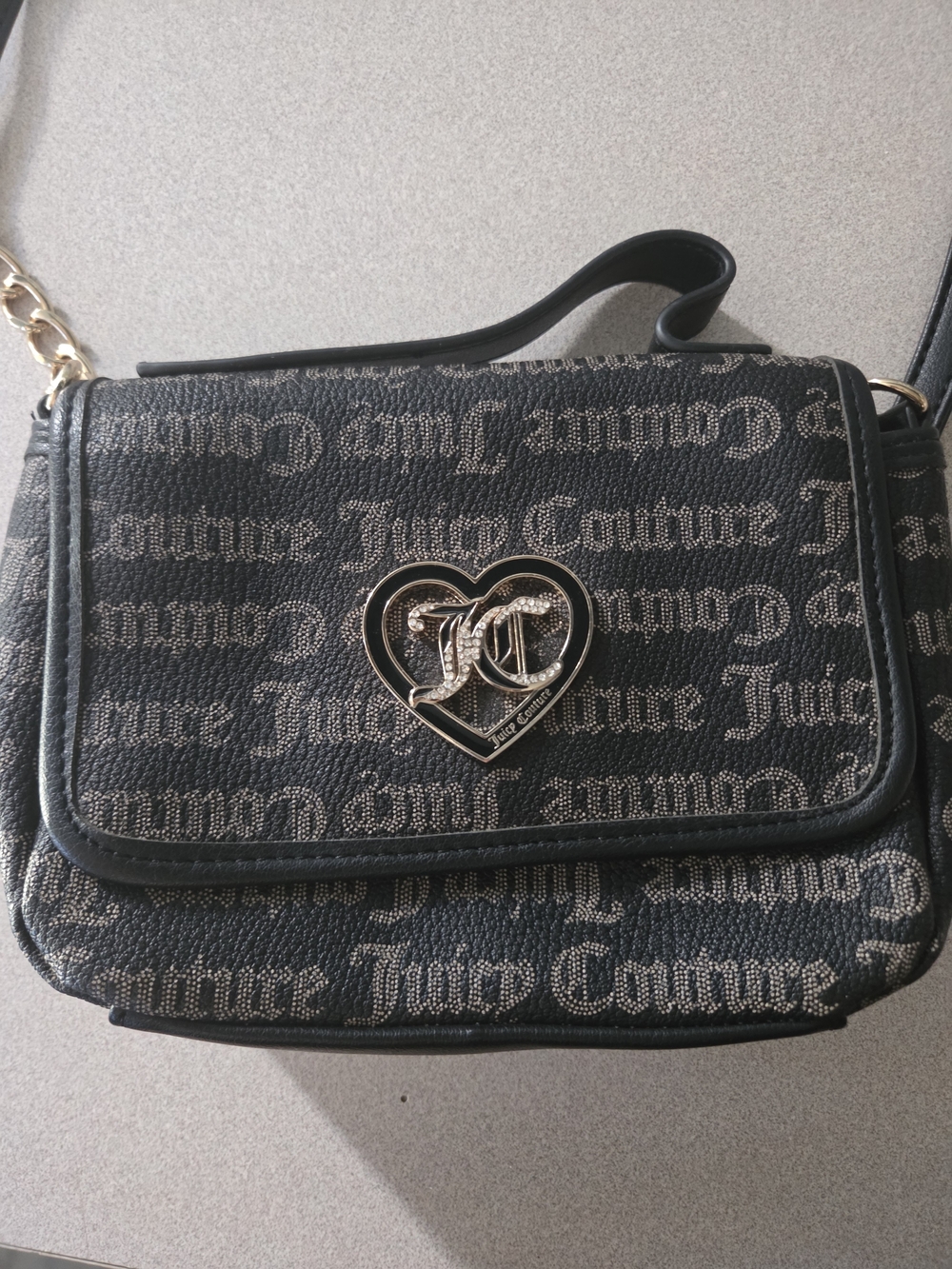 Juicy Couture Black and Gold Logo Heart Crossbody Bag